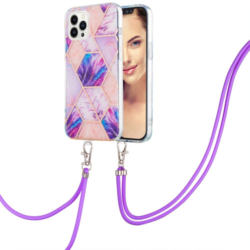 iPhone 15 Pro Electroplating Splicing Marble Pattern IMD TPU Shockproof Case with Neck Lanyard - Light Purple