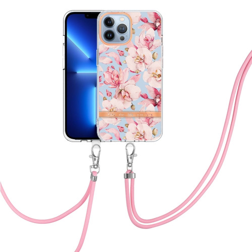 iPhone 15 Pro Flowers and Plants Series IMD TPU Phone Case with Lanyard - Pink Gardenia