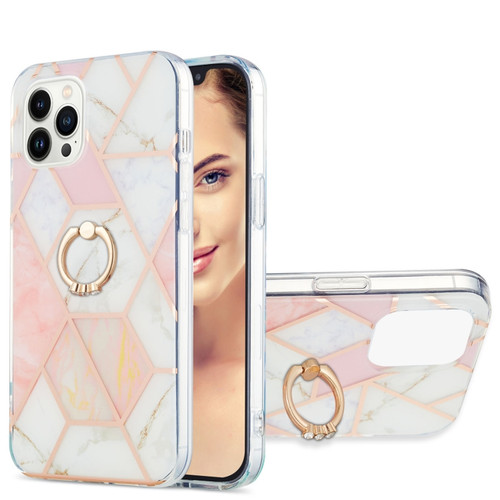 iPhone 15 Pro Electroplating Splicing Marble Pattern IMD TPU Shockproof Case with Ring Holder - Pink White