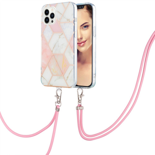 iPhone 15 Pro Electroplating Splicing Marble Pattern IMD TPU Shockproof Case with Neck Lanyard - Pink White