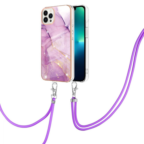 iPhone 15 Pro Electroplating Marble Pattern IMD TPU Shockproof Case with Neck Lanyard - Purple 001