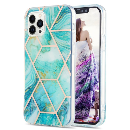 iPhone 15 Pro Electroplating Splicing Marble Flower Pattern Dual-side IMD TPU Shockproof Phone Case - Blue