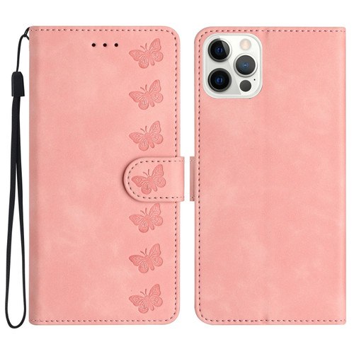 iPhone 15 Pro Seven Butterflies Embossed Leather Phone Case - Pink