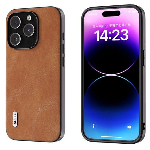 iPhone 15 Pro ABEEL Cowhide Texture PU Phone Case - Brown
