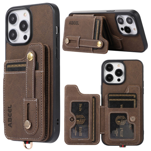 iPhone 15 Pro ABEEL Litchi Texture Card Bag PU Phone Case - Khaki