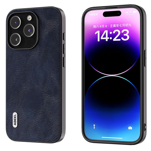 iPhone 15 Pro ABEEL Cowhide Texture PU Phone Case - Blue