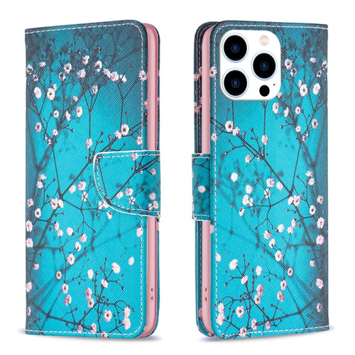 iPhone 15 Pro Colored Drawing Pattern Leather Phone Case - Plum Blossom