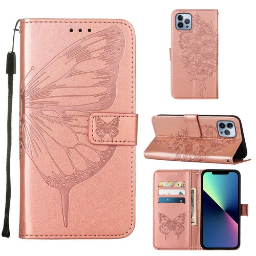 iPhone 15 Pro Embossed Butterfly Leather Phone Case - Rose Gold