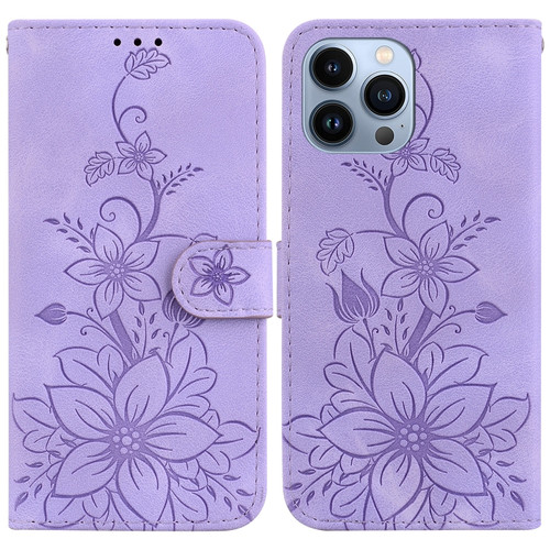 iPhone 15 Pro Lily Embossed Leather Phone Case - Purple