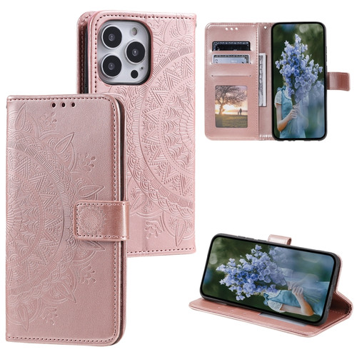 iPhone 15 Pro Totem Flower Embossed Leather Phone Case - Rose Gold
