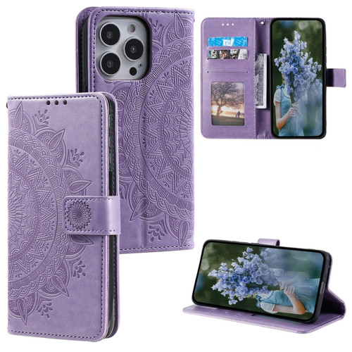 iPhone 15 Pro Totem Flower Embossed Leather Phone Case - Purple