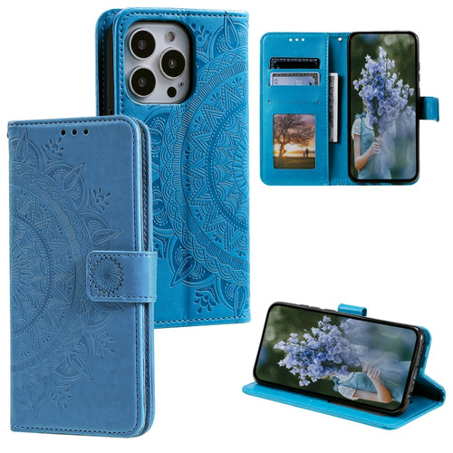 iPhone 15 Pro Totem Flower Embossed Leather Phone Case - Blue