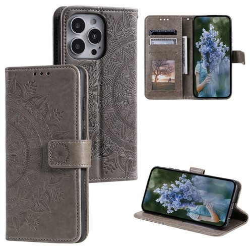 iPhone 15 Pro Totem Flower Embossed Leather Phone Case - Grey
