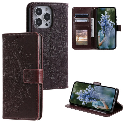 iPhone 15 Pro Totem Flower Embossed Leather Phone Case - Brown