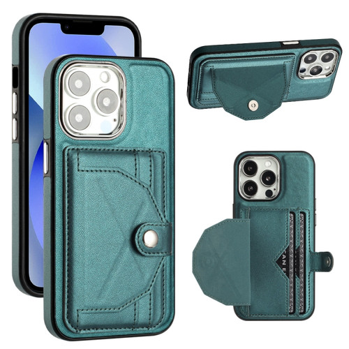 iPhone 15 Pro Shockproof Leather Phone Case with Card Holder - Green