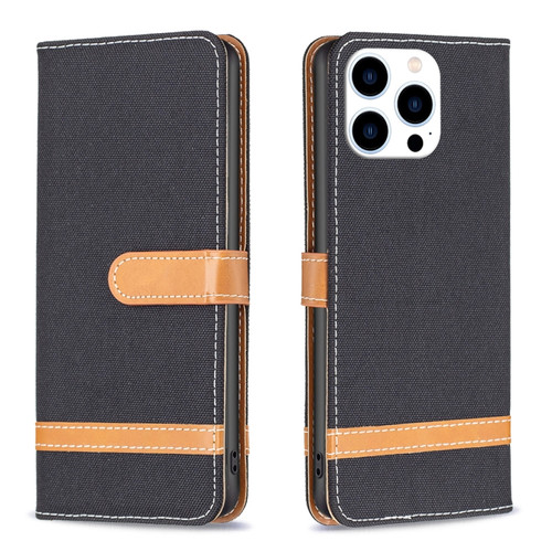 iPhone 15 Pro Color Block Denim Texture Leather Phone Case - Black