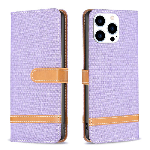 iPhone 15 Pro Color Block Denim Texture Leather Phone Case - Purple