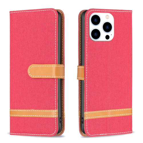 iPhone 15 Pro Color Block Denim Texture Leather Phone Case - Red