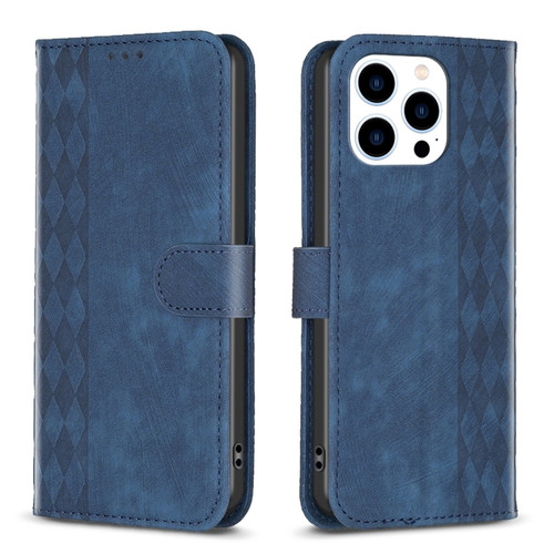 iPhone 15 Pro Plaid Embossed Leather Phone Case - Blue