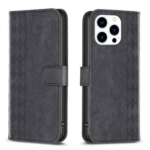 iPhone 15 Pro Plaid Embossed Leather Phone Case - Black