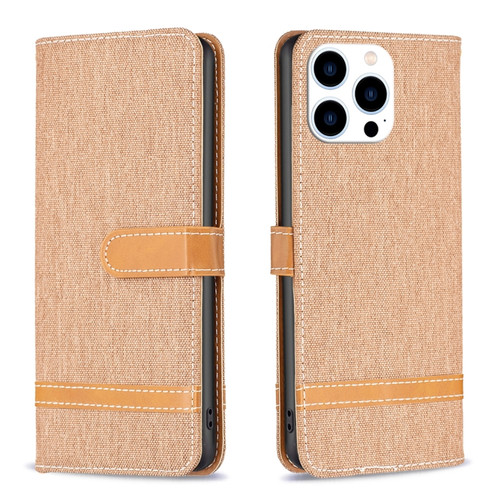 iPhone 15 Pro Color Block Denim Texture Leather Phone Case - Brown