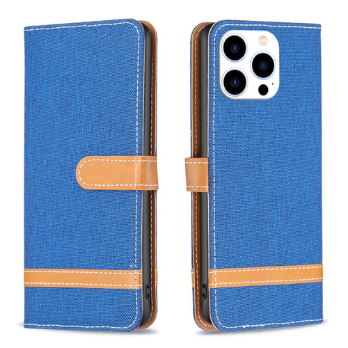 iPhone 15 Pro Color Block Denim Texture Leather Phone Case - Royal Blue