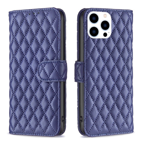 iPhone 15 Pro Diamond Lattice Wallet Flip Leather Phone Case - Blue