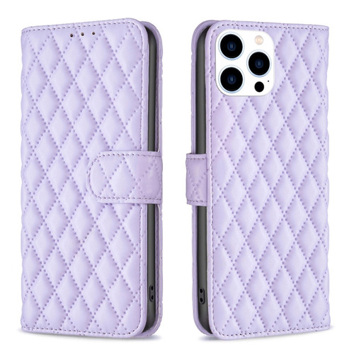 iPhone 15 Pro Diamond Lattice Wallet Flip Leather Phone Case - Purple