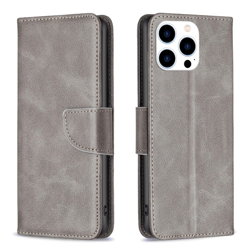 iPhone 15 Pro Lambskin Texture Pure Color Flip Leather Phone Case - Grey