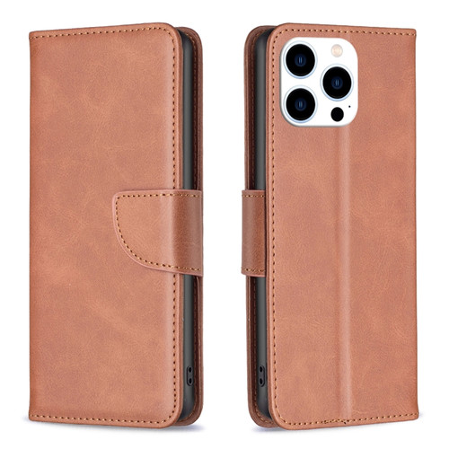 iPhone 15 Pro Lambskin Texture Pure Color Flip Leather Phone Case - Brown