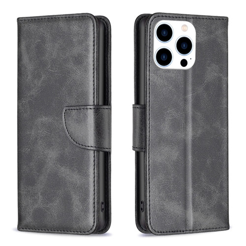 iPhone 15 Pro Lambskin Texture Pure Color Flip Leather Phone Case - Black