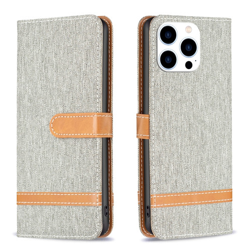 iPhone 15 Pro Color Block Denim Texture Leather Phone Case - Grey