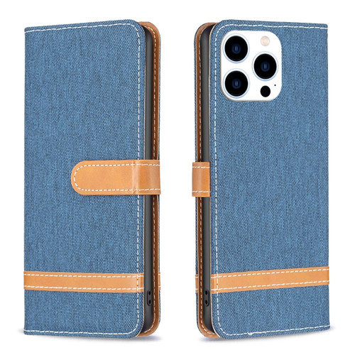 iPhone 15 Pro Color Block Denim Texture Leather Phone Case - Dark Blue