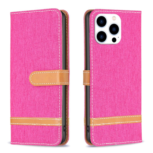 iPhone 15 Pro Color Block Denim Texture Leather Phone Case - Rose Red