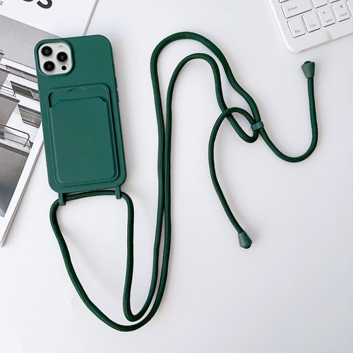 iPhone 15 Pro Crossbody Lanyard Elastic Silicone Card Holder Phone Case - Dark Green