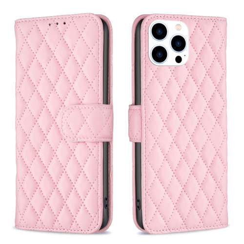 iPhone 15 Pro Diamond Lattice Wallet Flip Leather Phone Case - Pink