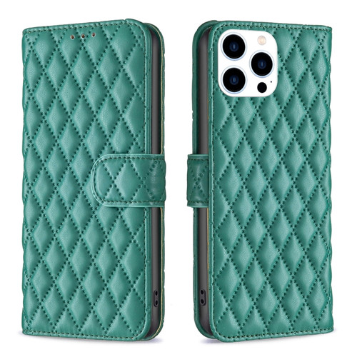 iPhone 15 Pro Diamond Lattice Wallet Flip Leather Phone Case - Green