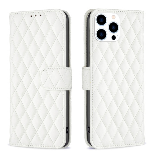 iPhone 15 Pro Diamond Lattice Wallet Flip Leather Phone Case - White