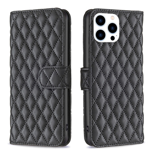 iPhone 15 Pro Diamond Lattice Wallet Flip Leather Phone Case - Black