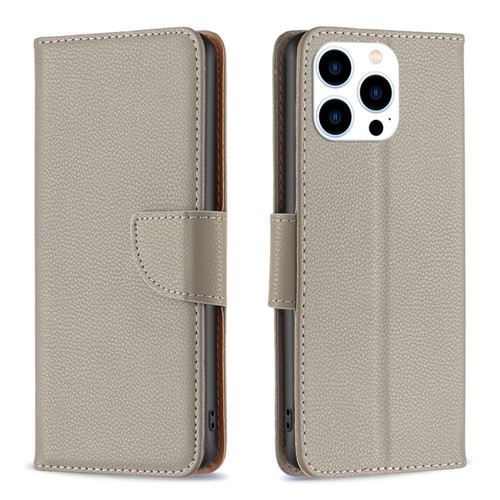 iPhone 15 Pro Litchi Texture Pure Color Flip Leather Phone Case - Grey