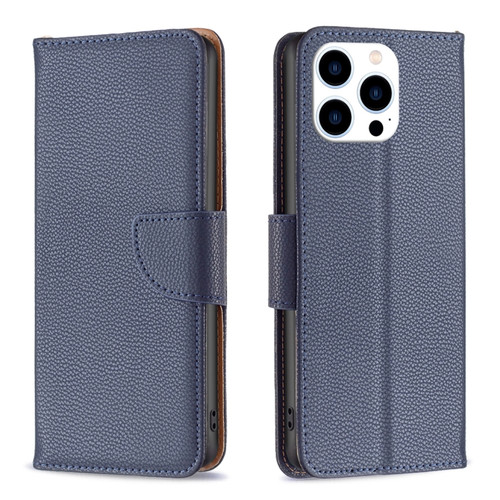 iPhone 15 Pro Litchi Texture Pure Color Flip Leather Phone Case - Blue