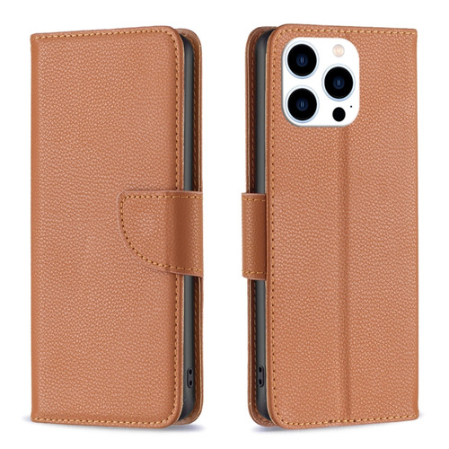 iPhone 15 Pro Litchi Texture Pure Color Flip Leather Phone Case - Brown