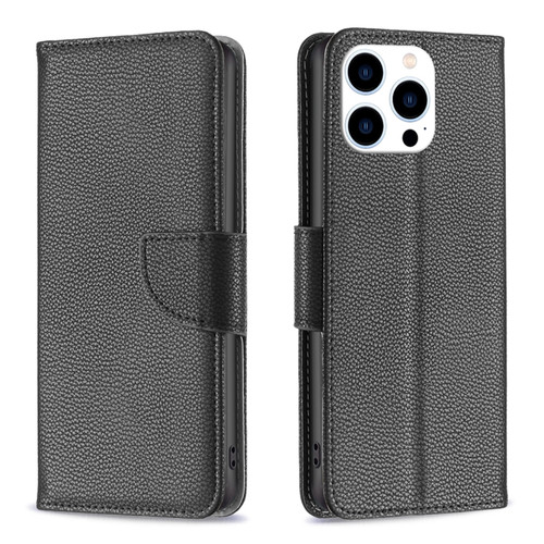 iPhone 15 Pro Litchi Texture Pure Color Flip Leather Phone Case - Black