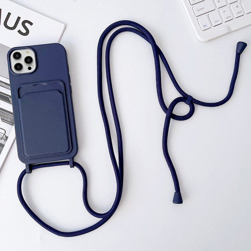 iPhone 15 Pro Crossbody Lanyard Elastic Silicone Card Holder Phone Case - Dark Blue