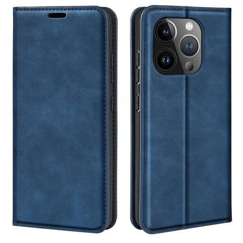 iPhone 15 Pro Retro-skin  Magnetic Suction Leather Phone Case - Dark Blue