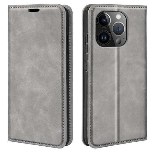iPhone 15 Pro Retro-skin  Magnetic Suction Leather Phone Case - Grey