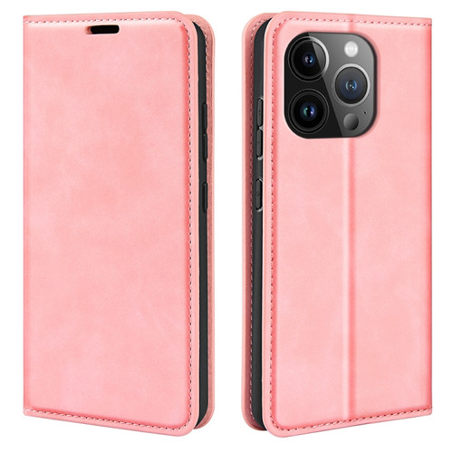 iPhone 15 Pro Retro-skin  Magnetic Suction Leather Phone Case - Pink