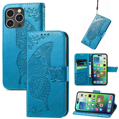 iPhone 15 Pro Butterfly Love Flower Embossed Leather Phone Case - Blue