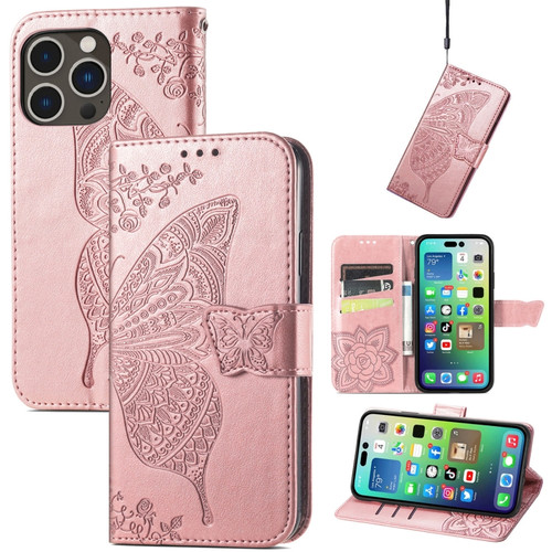 iPhone 15 Pro Butterfly Love Flower Embossed Leather Phone Case - Rose Gold