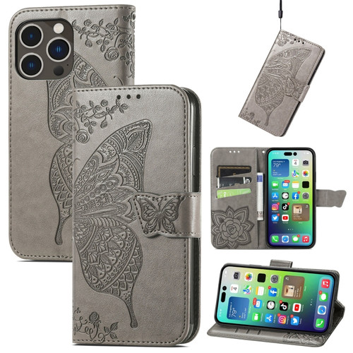 iPhone 15 Pro Butterfly Love Flower Embossed Leather Phone Case - Gray